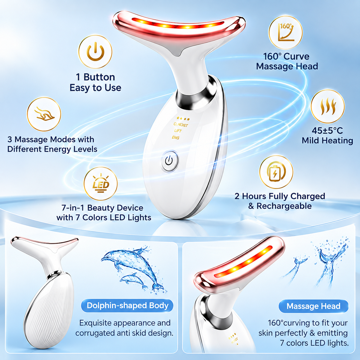 Face & Neck Massager Tool 7 In 1 | Skin Tightening Wrinkle Remover & Double Chin Reducer | Portable Rechargeable Anti-Aging Beauty Device