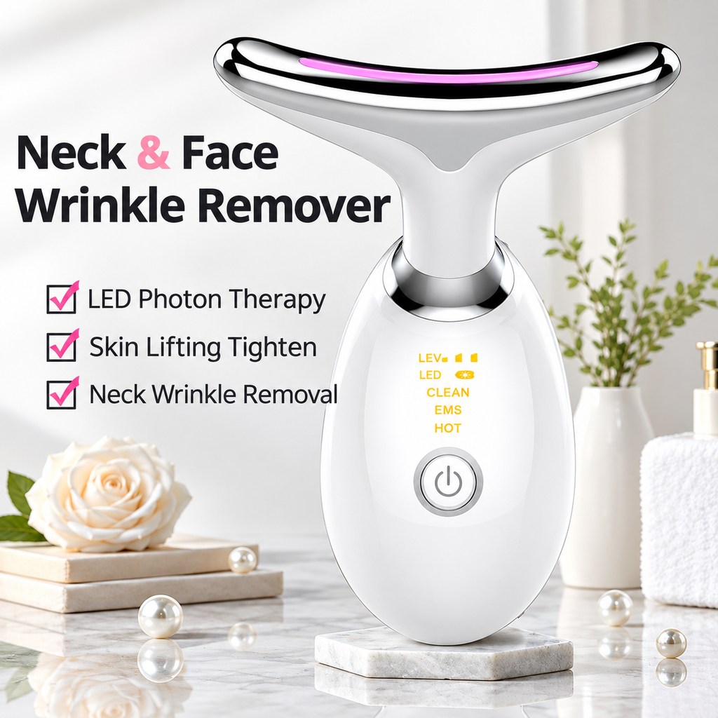 Face & Neck Massager Tool 7 In 1 | Skin Tightening Wrinkle Remover & Double Chin Reducer | Portable Rechargeable Anti-Aging Beauty Device